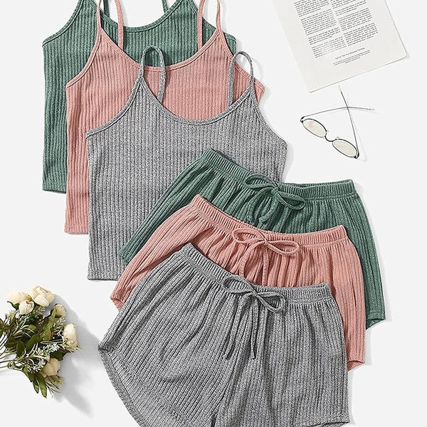 Women's One Set Rib Knit Lounge Set Crop Cami Top and Shorts Sleepwear Pajama Set