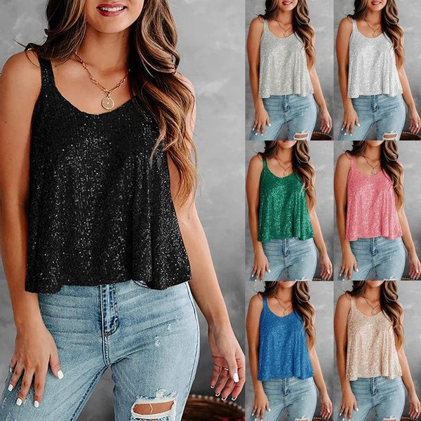 Women's Summer Sparkling Sleeveless Tank Tops Fashion Casual Loose Vest Solid Shirts for Female Plus Size