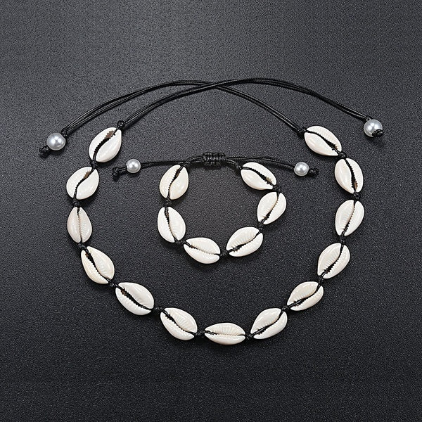 2pc-set Summer Women Beach Bohemian Natural Shell Necklace Bracelet Sea Shell Pendant Handmade Weave Rope Chain Choker Necklaces Jewelry
