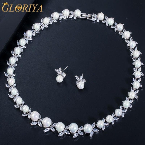 Gloriya Parure de bijoux de luxe avec zircone cubique AAA scintillante plaquée or blanc, collier de grosses perles, boucles d'oreilles pendantes, bij