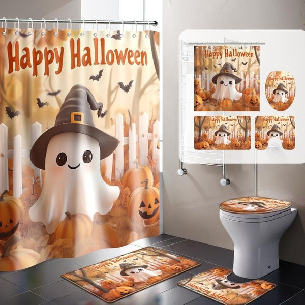4 Pcs-set Halloween Waterproof Shower Curtain,with Non-Slip Rugs,Toilet Lid Cover And Bath Mat,Bathroom Shower Decor Accessories