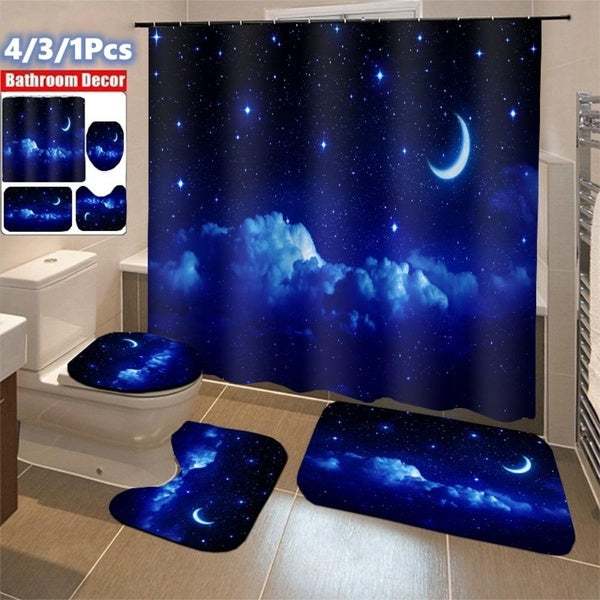3D Galaxy Universe Night Sky Starry Sky Bathroom Shower Curtain Set Waterproof Shower Curtain+ Toilet Lid Cover + Non-Slip U Shape Mat + Non Slip Car