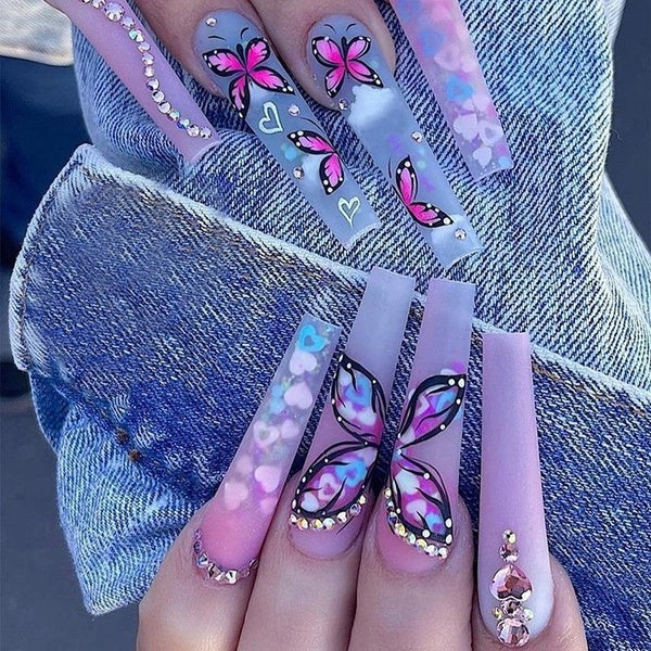 3D Fake Nails Accessories Rainbow Butterfly with Diamond Glitters Design Long French Coffin Tips Faux Ongles Press on False Nail