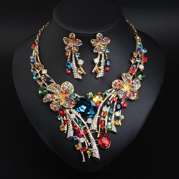 Crystal Wedding Jewelry Sets for Women Brides Party Costume Jewellery Big Flowers Bridal Necklace Earrings Sets