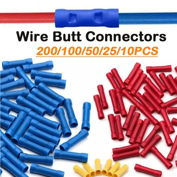 200-100-50-25-10PCS Splice Crimp Connector Butt Wire Terminal Connector Red-Blue-Yellow Insulated Electrical Wire Connectors