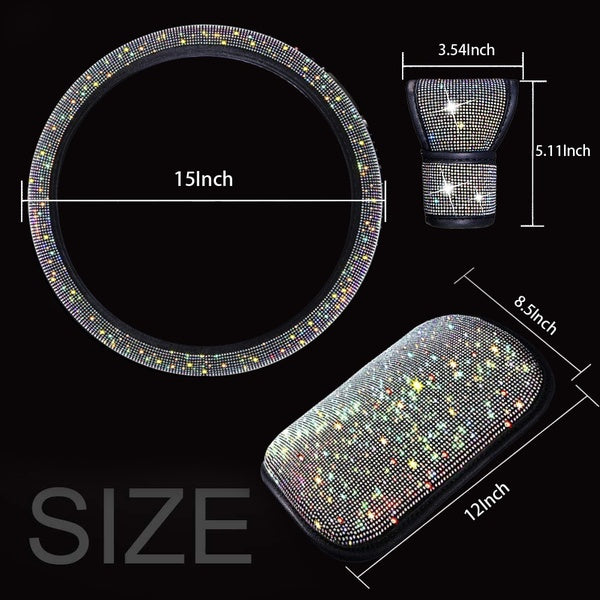 Bling Car Accessories for Women, Diamond Bling Steering Wheel Cover for Women Universal Fit 15 Inch, Rhinestone Center Console Cover, Bling Gear Shif