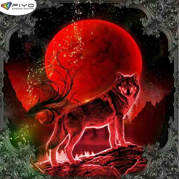 FIYO Red Moon and Wolf Diamond Painting Kits for Adults DIY 5D Diamond Mosaic Diamond Painting Home and Kitchen Fashion Canvas Pictures Wall Decorati