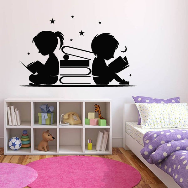Boy Girl Reading Books Vinyl Wall Decal Child Room Stars Moon Stickers Lovely Kids Room Bedroom Wall Decoration Wallpaper