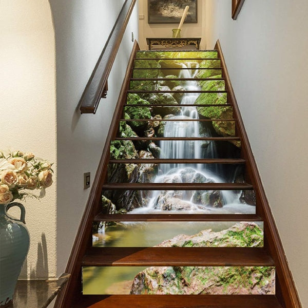 13 PCS 3D Waterfalls Natural Landscape Self-Adhesive Stair Stickers Removable Staircase Stickers for Home Stair Risers Decoration