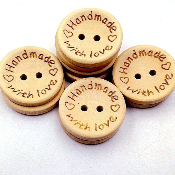 100pcs en bois fait à la main avec amour rond artisanat décor 2 trous boutons de couture en bois, 15MM