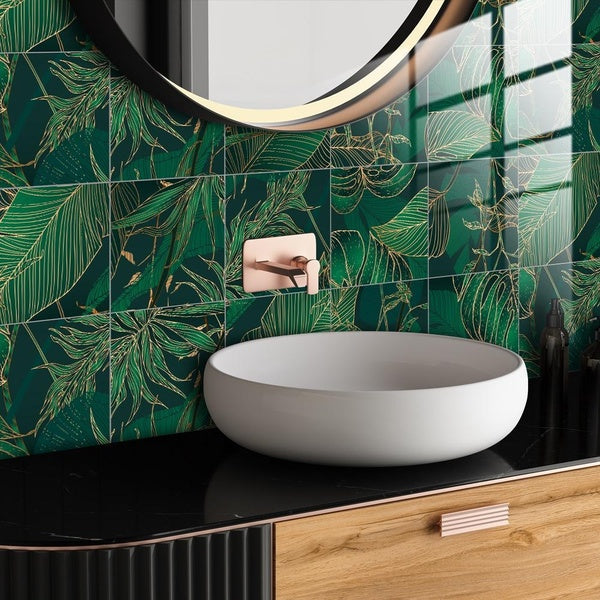 Tile Stickers 10 Pcs Set Green Gold Leaves Pattern Tiles Wall Sticker Self Adhesive Removable Vinyl Peel and Stick Kitchen Bathroom Waterproof Decals