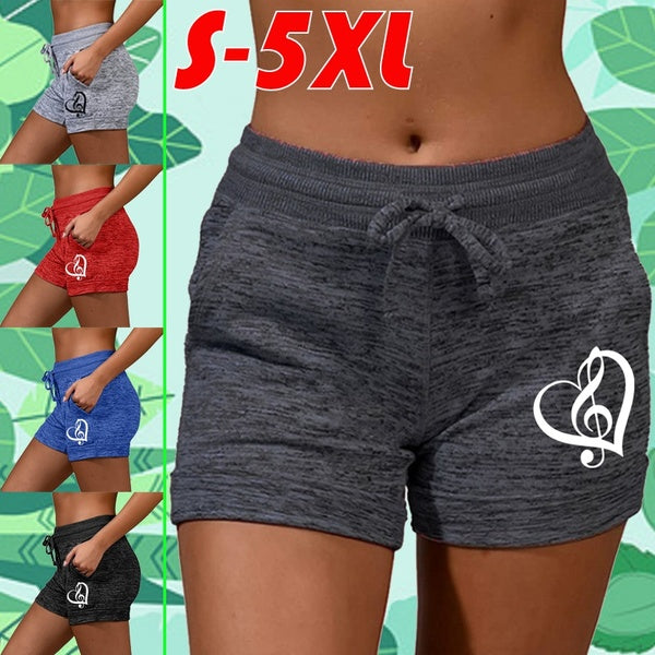 Plus Size 2022 Summer Shorts Women Casual Slim Fit Shorts Fashion Heart Printing Elastic Waist Short Pants Quick-drying Sports Fitness Shorts Athleti