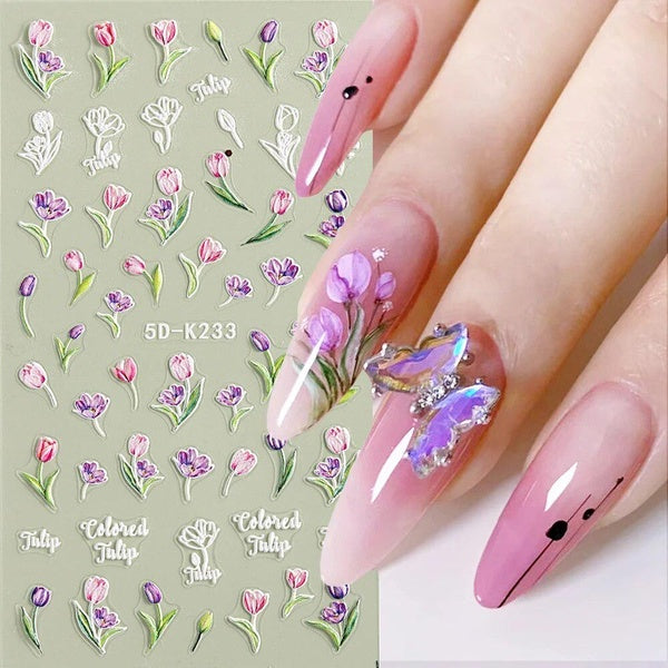 5D Embossed Tulip Nail Stickers Pink Purple Flower Nail Decals White Acrylic Floral Manicure Decorations Accessories GL5DK231