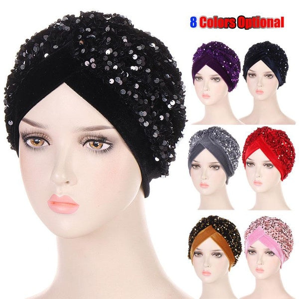 New Women Glitter Sequins Turban Cap Muslim Fashion Headwear African Headwraps Ladies Headscarf Bonnet Islamic Hijab Caps