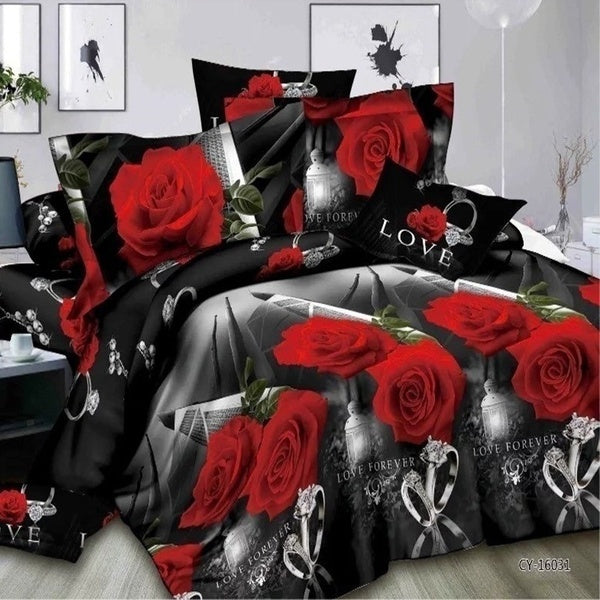 New Fashion 2-3pcs 3D Rose and Diamond Ring Print Cotton Reactive Wedding Bedding Set Duvet Covers Bed Set