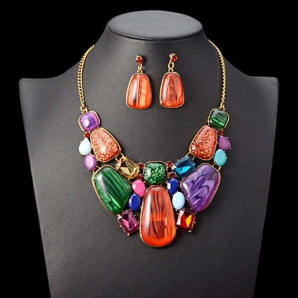 Fashion Bohemian Colorful Gem Statement Necklace & Pendant Wedding Indian Jewelry Sets Vintage Chokers Maxi Necklace Women Collar