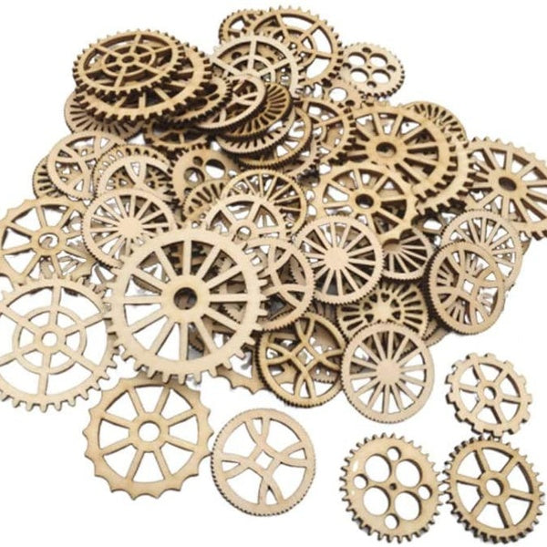 50pcs Wooden Gear Wheels Decoration Wooden Slices Wooden Decoration Wooden Cutouts Gift Tags DIY Art Crafts (Mixed Style)