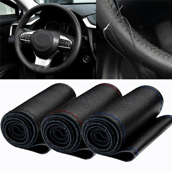 3 Colors Genuine-PU Leather Punched Breathable Car Steering Wheel Cover DIY Sewing w- Needle Thread Automotive Interior Accessories