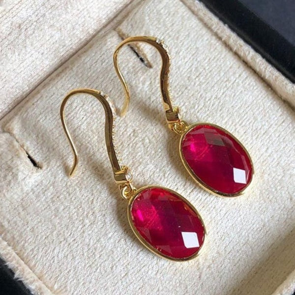 Boucles d'oreilles pendantes ovales en or et rubis pour femme, bijoux de mariage, cadeau