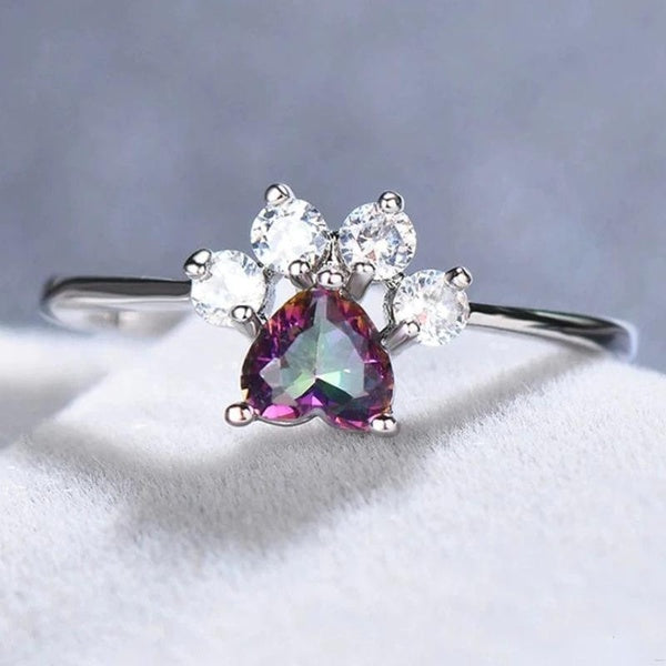 Creative Design 925 Sterling Silver Heart Topaz Diamond Empreintes d'animaux Anneaux pour les femmes Daily Casual Fashion Ring