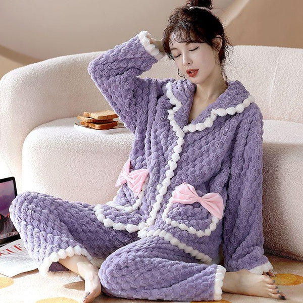 Autumn and Winter Women Warm Two Pieces Pajamas Set Ladies Thickening Warm Flannel Sleepwear Winter Fleece Homewear