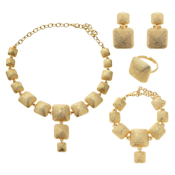 Dubai Gold 24K Jewelry Sets for Women African Bridal Wedding Gifts Party Necklace Square Earrings Ring Bracelet Jewellery Set