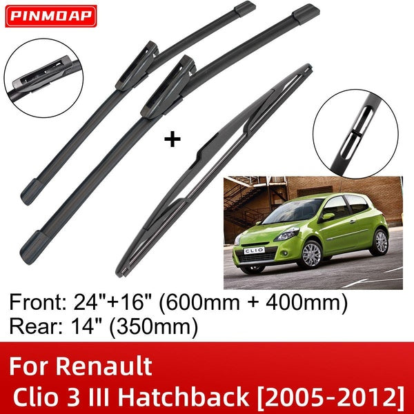 Car Wiper Blades For Renault Clio 3 III Hatchback 2005-2012 24" 16" 14" Front Rear Wiper Blades Brushes Cutter Accessories 2005 2006 2007 2008 2009 2