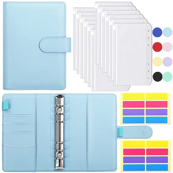 A6 Notebook Binder Budget Planner Organizer Cash Budget Envelope System Pu Leather With 12pcs Zipper Pockets and 2pcs Labels Stickers