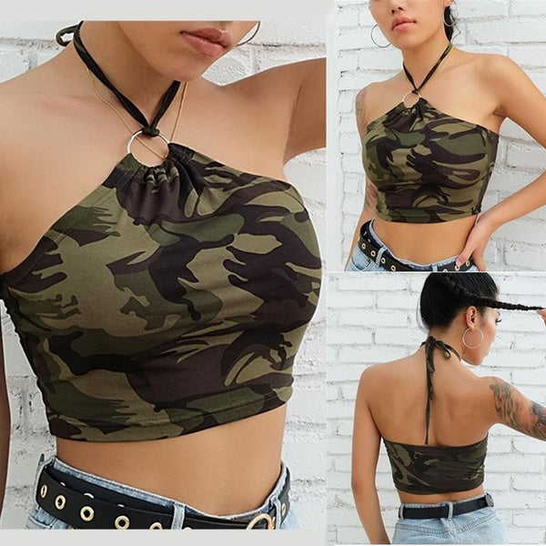 Fashion Summer Women Tank Tops Camouflage Camisole Sleeveless Top Waist Women Halter Top