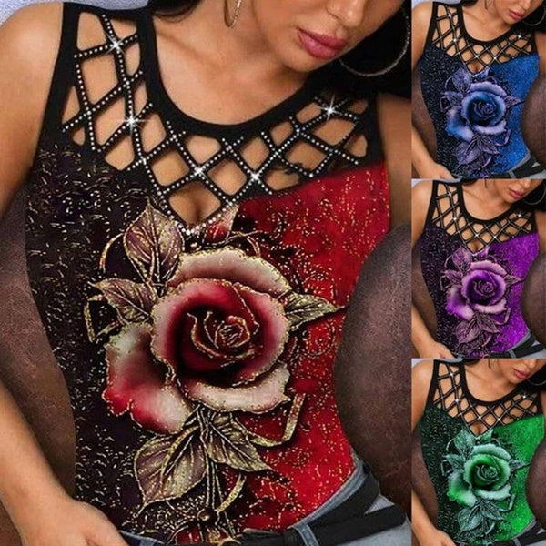 2024 New Women's Fashion Summer Floral Printed Multicolor Rose Sleeveless Tank Tops Plus Size Hollow Out Ladies Casual Bright Diamond Vest Shirts