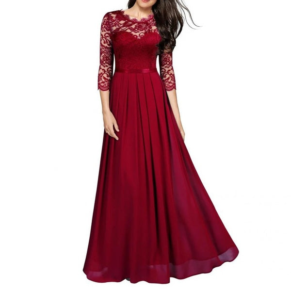 Robe longue Fashion All-matched Women Dress O Neck 3-4 Sleeve A-Line Long Dress for Birthday Party