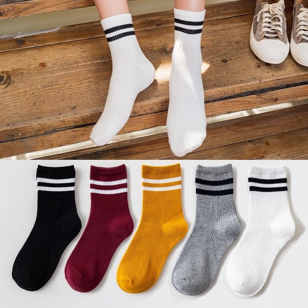 5 Pairs Women's Four Season Cotton Socks Solid Color Medium Tube College Style Parallel Bars Trendy Retro Striped socks Woman