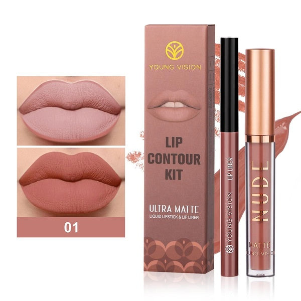 Young Vision 2Pcs Matte Lipstick and Lip Liner Set - Nude Lip Gloss and Lip Liner Set - Non-Stick Cup Waterproof Long Lasting Lipstick and Lip Liner