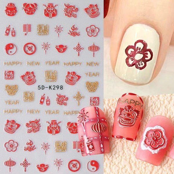 5D New Year Nails Stickers Valentine's Day Love Rabbit Design Slider Chinese Character Decoration Decal DIY Manicure Accessories