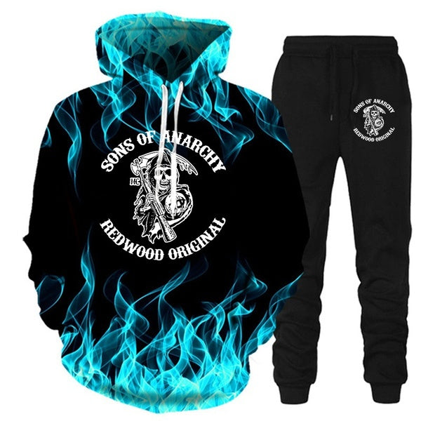 Men Sets Tracksuit Fashion Man Brand 2 Piece Set Pullovers 3D Print Flame Hoodie+Pants Sports Suit Sportswear Men's Clothing 4XL