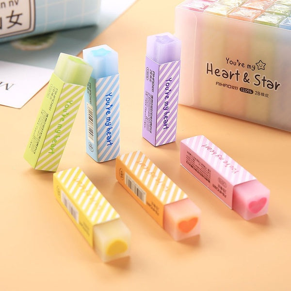 Cute Pencil Erasers for Kids, 6 Count Candy Colors 2B Eraser, Star, Heart Design Fun Party Favor & School Supplies, Kawaii Drawing Eraser for Boys an