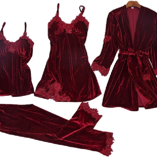 Women Gowns Sleepwear Loungewear of Velvet Fabric 4 PCS PJ Set with Robes Gowns