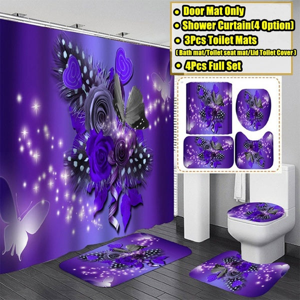 1-3-4Pcs 3D Purple Rose Flower Butterfly Pattern Bathroom Shower Curtain Set Toilet Seat Bath Mats and Rugs Non-slip Carpet Toilet Covers Waterproof