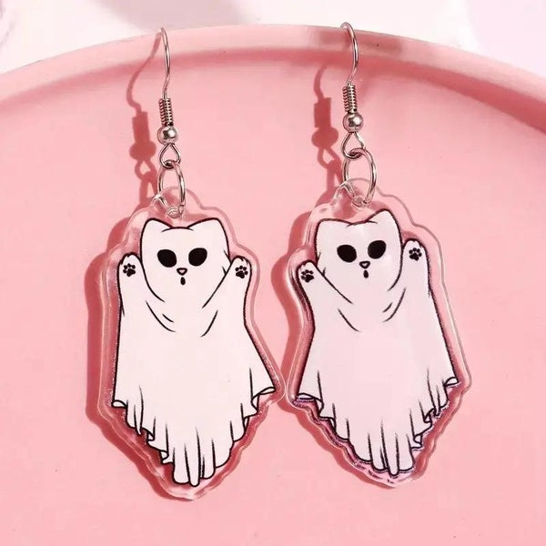 1 paire de boucles d'oreilles pendantes en forme de chat fantôme mignon, style de loisirs simple, bijoux en alliage créatifs, ornements d'oreille de