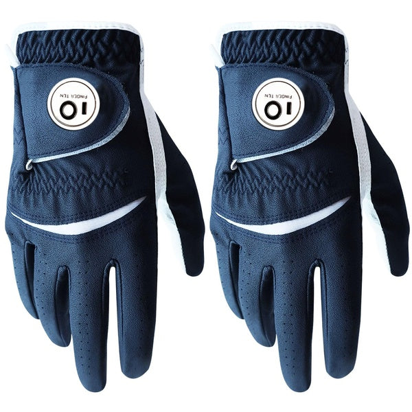 FINGER TEN Golf Gloves Men Right Handed Golfer 2 Pack Left Hand with Ball Marker Leather Premium Weathersof Grip Soft Mens Golf Glove