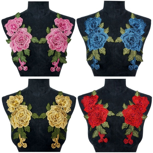 2Pcs Embroidery Rose Flower Lace Applique Sewing Collar Patch Wedding Party Dress Bridal DIY Cheongsam Fabric Craft