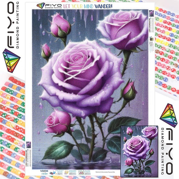 FIYO DIY 5D Purple Rose Diamond Painting Full Drill with Number Kits Home and Kitchen Fashion Mosaic Diamond Painting Canvas Wall Decoration Gift Cra