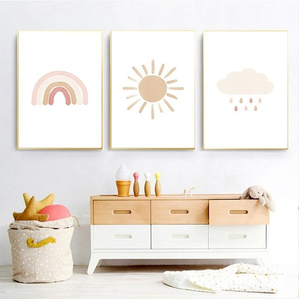 Watercolor Rainbow Neutral Nursery Print Sun Cartoon Posters Kids Gifts Wall Pictures Canvas Painting Baby Room Nursery Decor No Frame