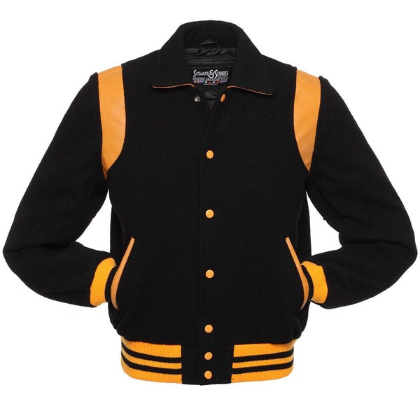 Black Retro Varsity Jacket Wool Letterman University Jacket Baseball Coach Jackets With Gold Leather Rib