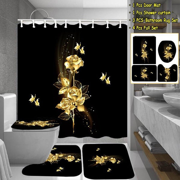 3D Gold Butterfly Rose Flowers Bathroom Shower Curtain Decor Set Waterproof Shower Curtain+ Non Slip Bathroom Pedestal Rug + Toilet Lid Cover + Carpe