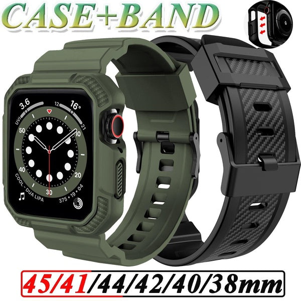 Silicone Strap with TPU Case for Apple Watch Series 8 7 45mm 41mm Sport Screen Protector Bracelet Watchband Cover Accessories for Iwatch Se 6 5 4 3 4 Matron Inn