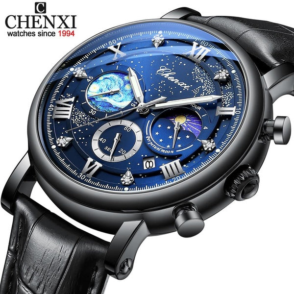 CHENXI Blue Starry Sky Design Cadran De Luxe Chronographe Montre À Quartz pour Hommes Bracelet En Cuir De Haute Qualité D'affaires Formelle Hommes Mo