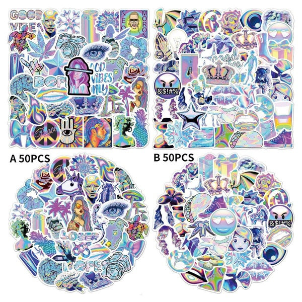 2 Style 50Pcs Colorful Psychedelic Stickers Aesthetic Stickers Trendy Laser Trippy Stickers Waterproof Sticker Vinyl Decal for Water Bottles Laptop S