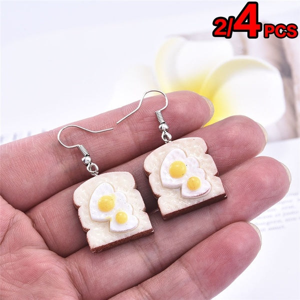 2-4PCS Funny Cute Eggs Toast Pendant Earring Creative Handmade Eardrop Jewelry Party Personality Accessories Matron Inn