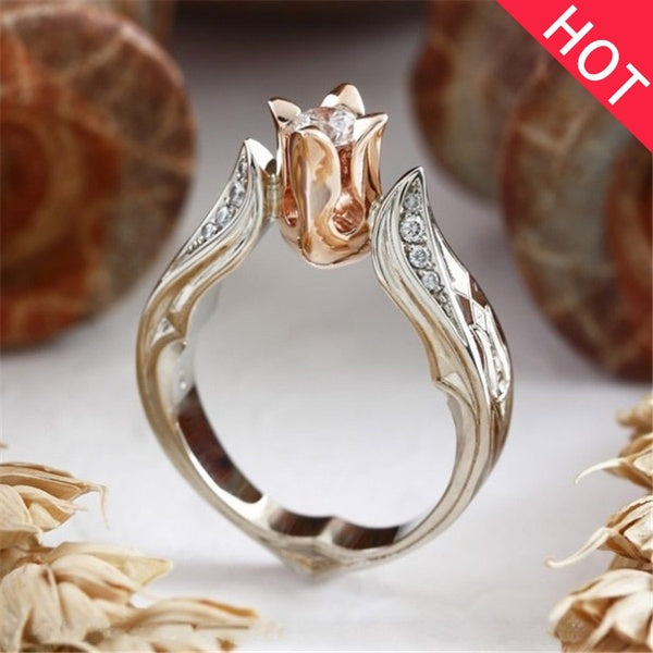 Élégant design créatif plaqué argent rose diamant bague charme femme bague de fiançailles cadeau de vacances taille 5-11